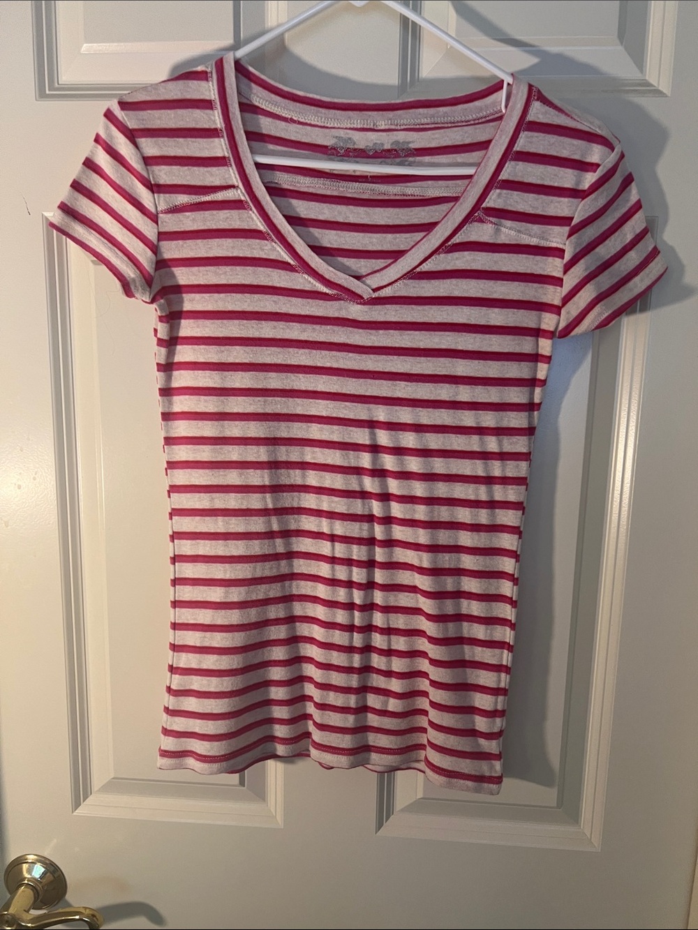 Poof! Pink and White Striped V-Neck Short Sleeve Tee